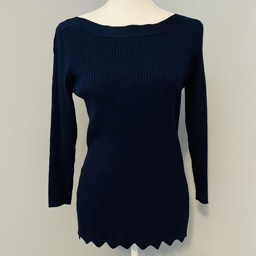 NWOT Boatneck Ribbed Sweater w/Sleeve Cutout Details, Scalloped Hem, Navy. CUTE!